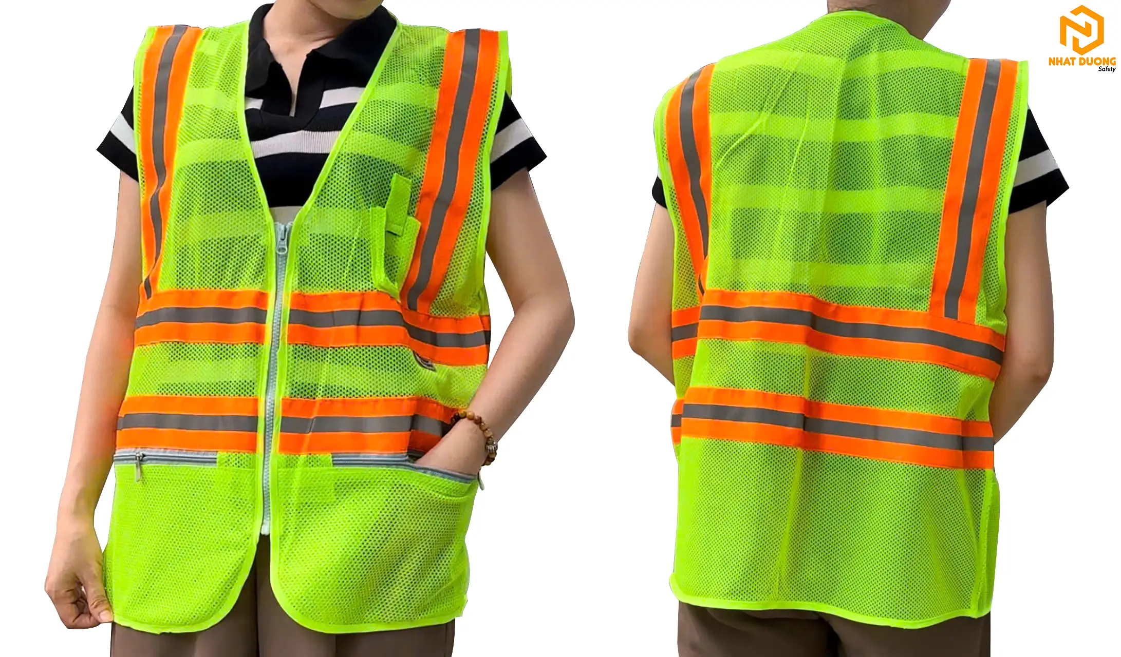 Áo phản quang 3M 4 sọc có túi màu xanh chuối mẫu 1
